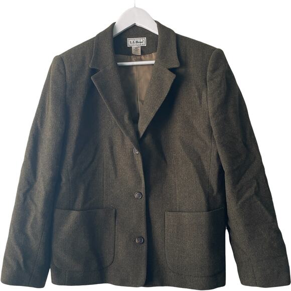 L.L. Bean Olive Green 3 Buttons Herringbone Pattern L/S Blazer Jacket - Size12 - Picture 1 of 7